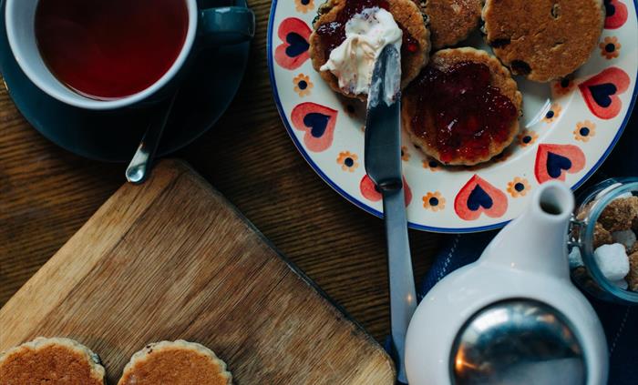 MamGu Welshcakes Afternoon Tea with jam and cream at MamGu Welshcakes St Davids Cafe, St Davids Cathedral, Pembrokeshire